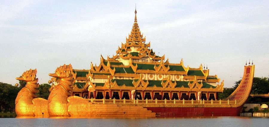 Karaweik Palace non-floating restaurant in Kandawgkyi Royal Lake in Yangon ( Rangoon ) - capital city of Myanmar ( Burma )