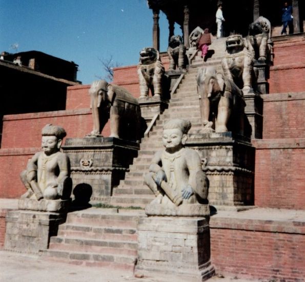 Stone Statues on Nyatapola Temple Steps at Bhaktapur