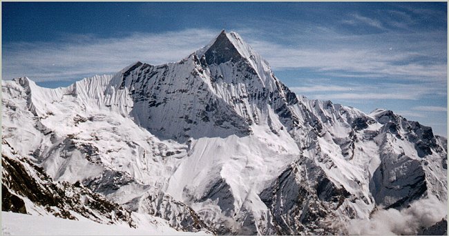 Macchapucchre ( Fishtail Mountain ) from Rakshi Peak above Annapurna Sanctuary in the Nepal Himalaya