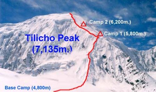 Ascent route on Tilicho Peak in the Great Barrier