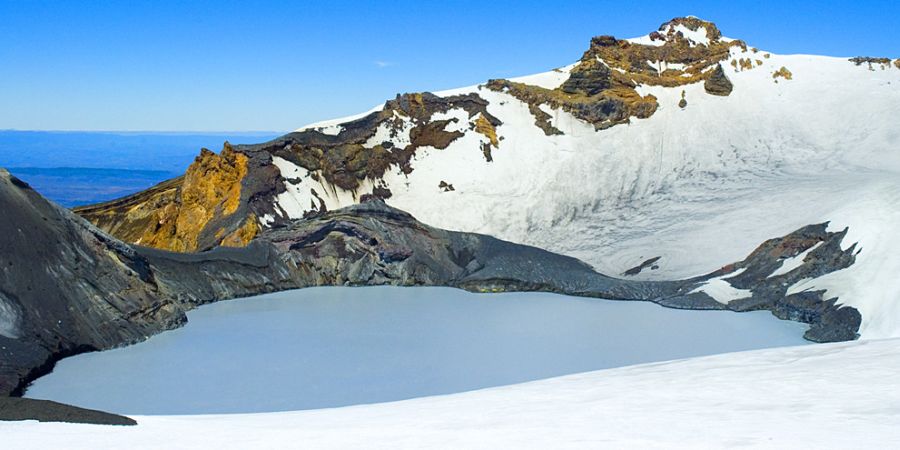 Summit snowfields and Crater Lake of Mt.Ruapehu