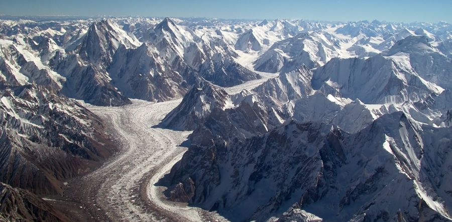 Aerial view of Concordia in the Karakorum Mountains of Pakistan