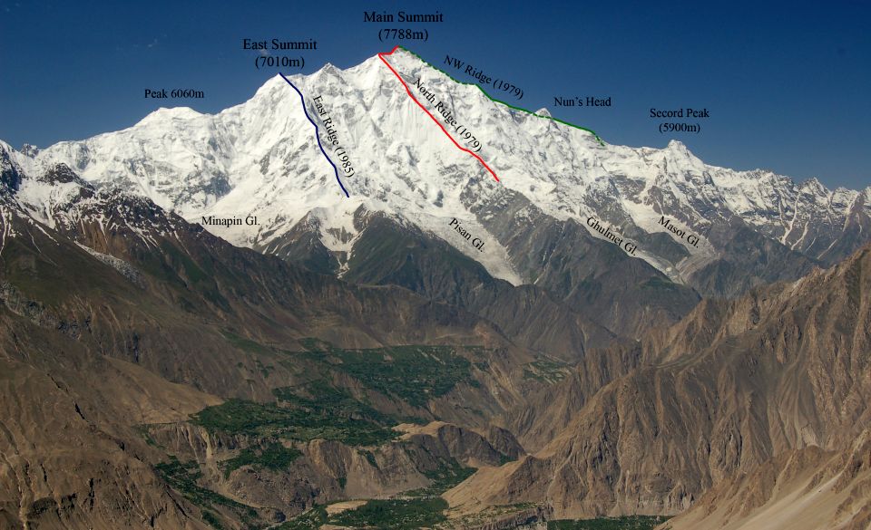 Ascent routes on Rakaposhi ( 7788m ) in the Karakorum Mountains of Pakistan