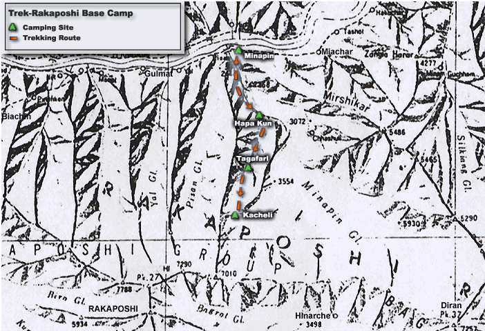 The Seven Thousanders - Rakaposhi BC route map in the Karakorum Mountains of Pakistan