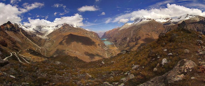 View from Portachuelo Pass ( 4767 metres ) in the Huayhuash region of the Andes of Peru