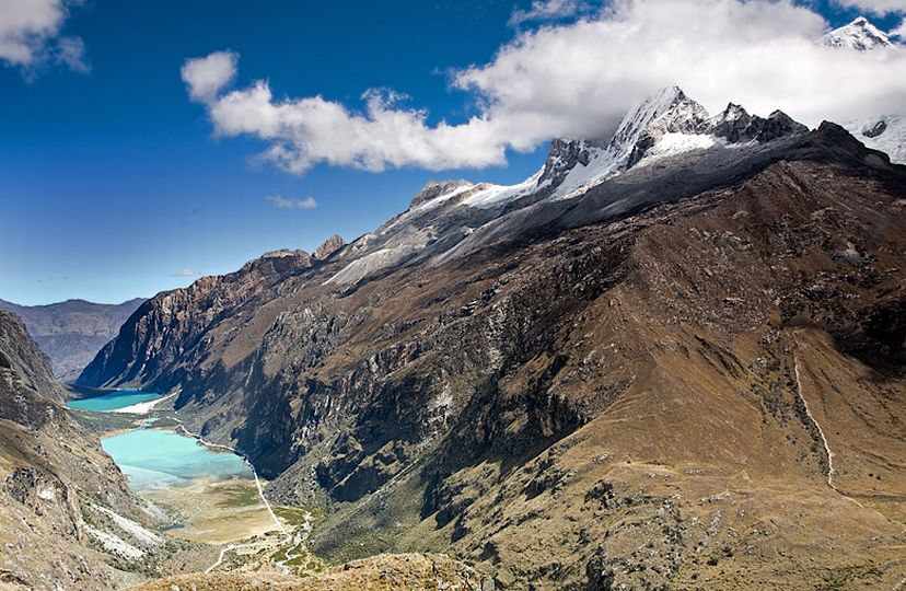 View from Portachuelo Pass ( 4767 metres ) in the Huayhuash region of the Andes of Peru