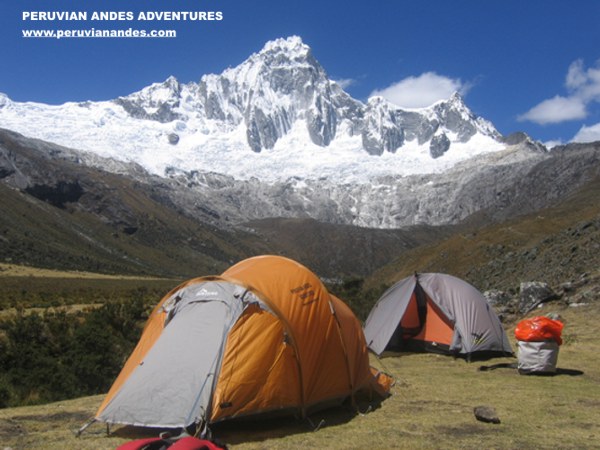 Camp at Taullipampa beneath Taulliraju on the Santa Cruz Trek in the Cordillera Blanca of the Peru Andes