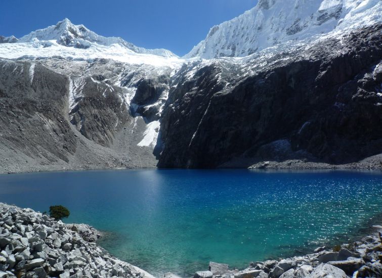 Cullicocha Lake and Santa Cruz mountains in Huascaran National Park in the Andes of Peru