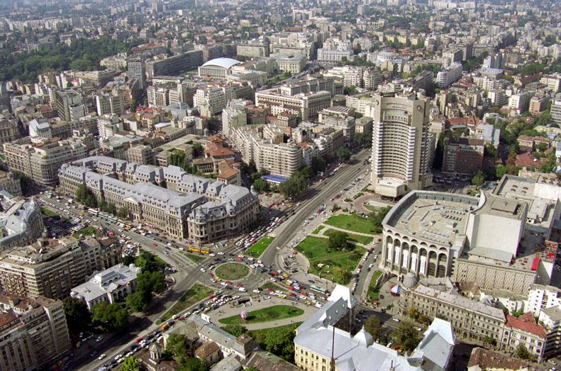 Aerial view of University Square in Bucharest, Romania