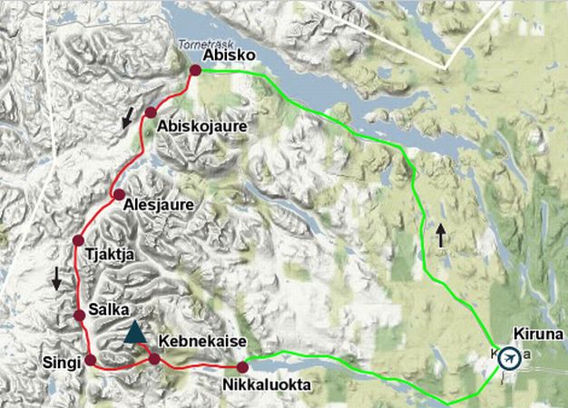 Route map of the Kungsleden ( King's Trail ) in Swedish Lapland