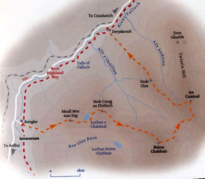 Route Map of Beinn Chabhair and An Caisteal above the West Highland Way