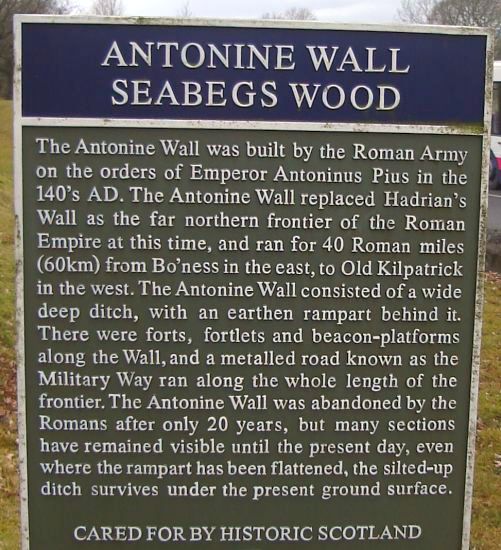 Sign at Seabegs Wood for route of Antonine Wall near Bonnybridge