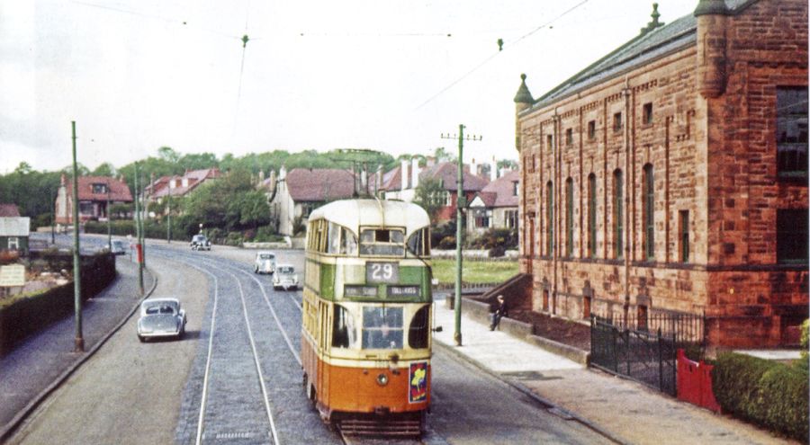 Tram passing the Public Hall at Kessington in Bearsden