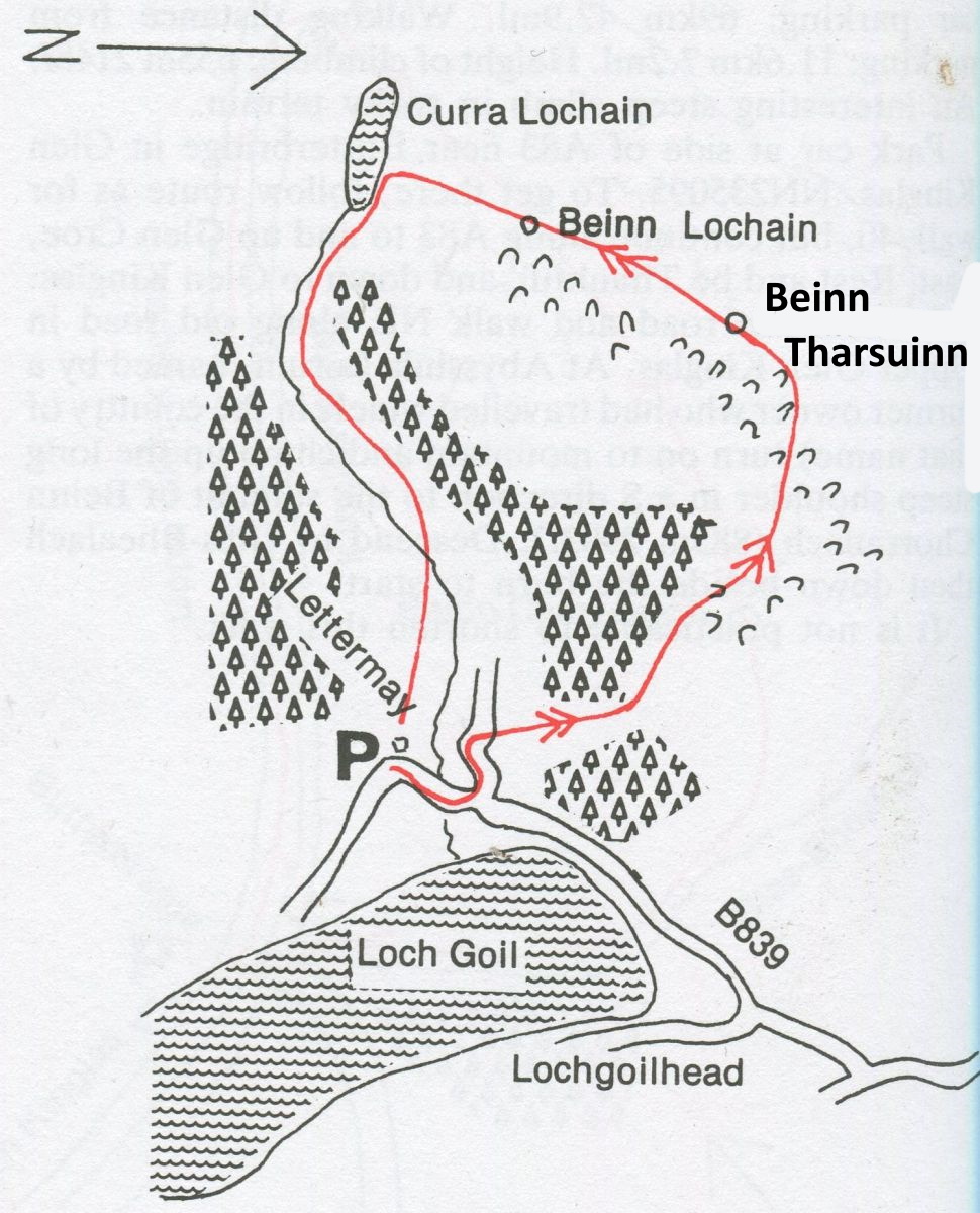 Route Map for Beinn Tharsuinn and Beinn Lochain