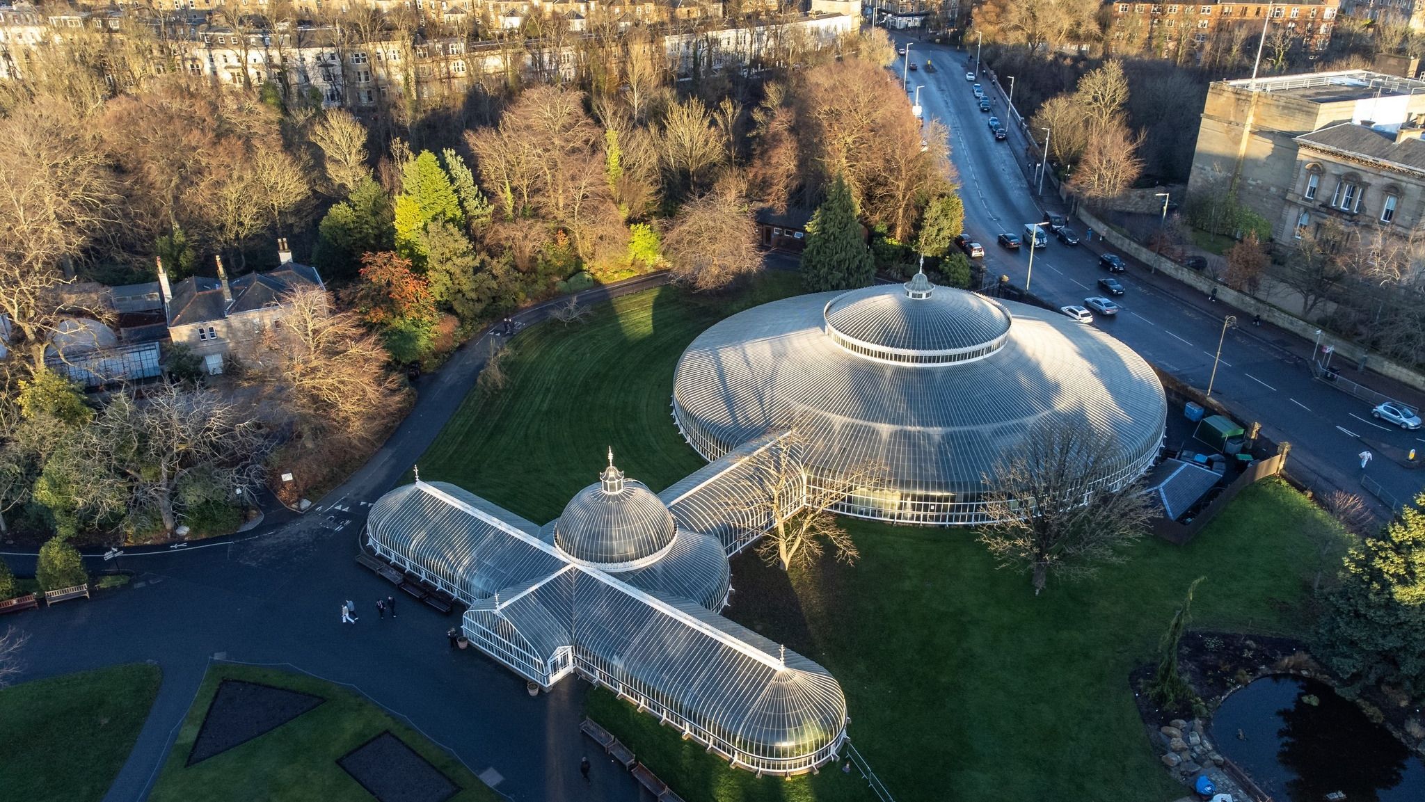 Aerial view of Kibble Palace in the Botanic Gardens in Glasgow