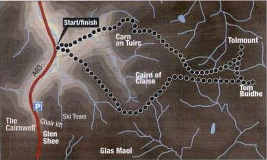 Map and route description for the Munros Cairn of Claise, Carn an Tuirc, Tolmount and Tom Buidhe above the Glenshee Ski Centre
