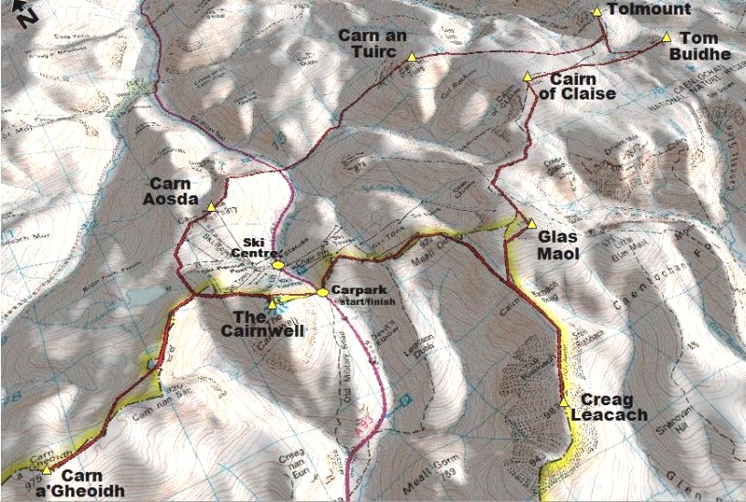 Map of Munros around Glenshee Ski Centre in the Eastern Highlands