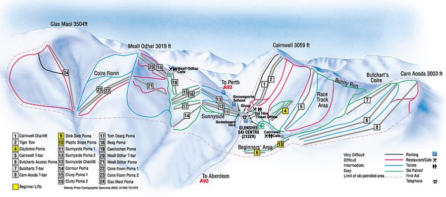 Map of the Ski Runs at Glenshee in the Eastern Highlands