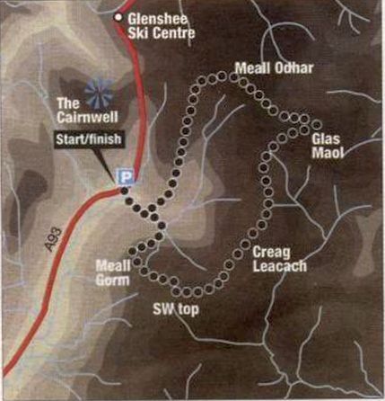 Route Map for the Munros Glas Maol and Creag Leacach above the Glenshee Ski Centre