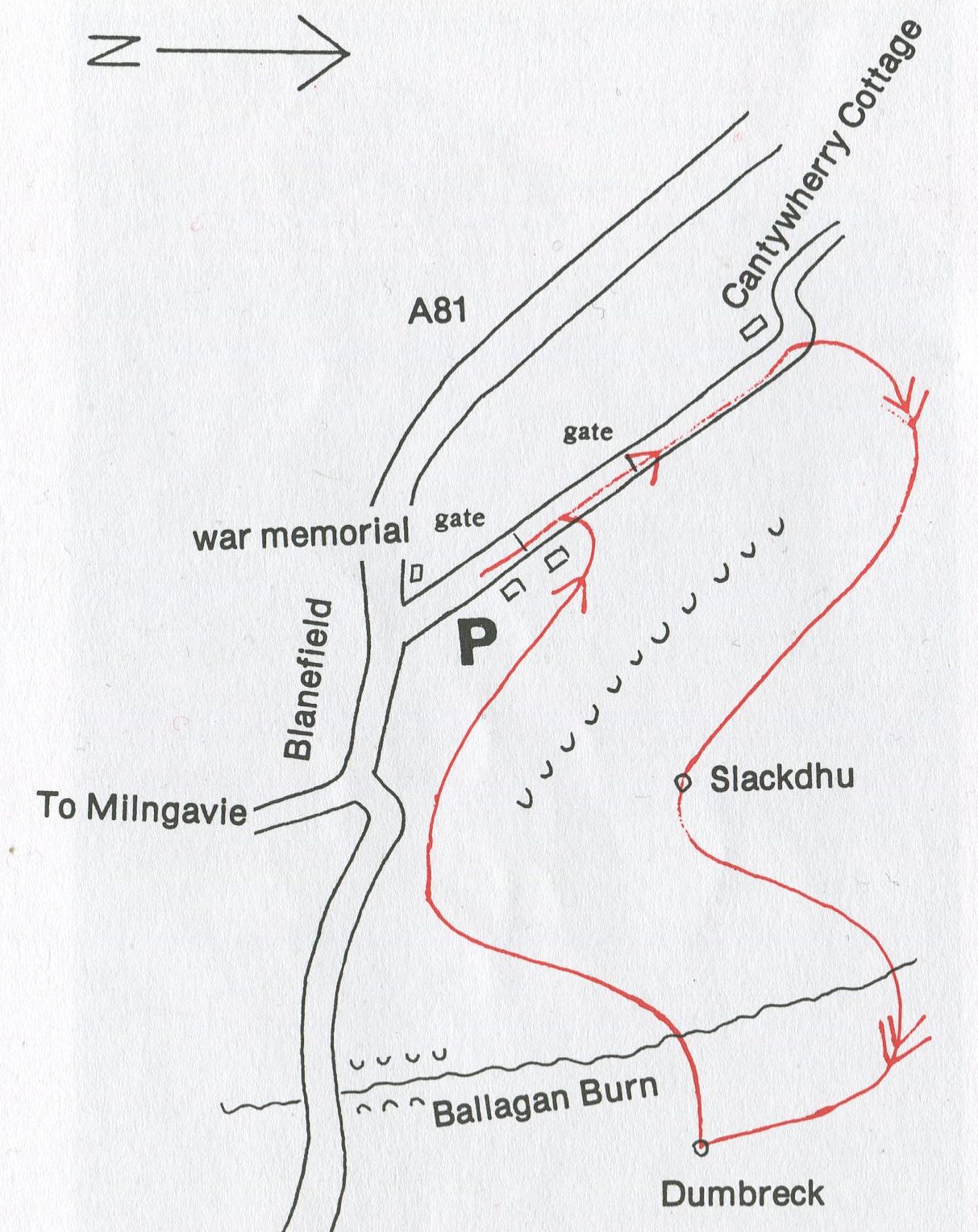 Route Map of Slackdhu and Dumbreck on the Campsie Fells above Blanefield and Strathblane