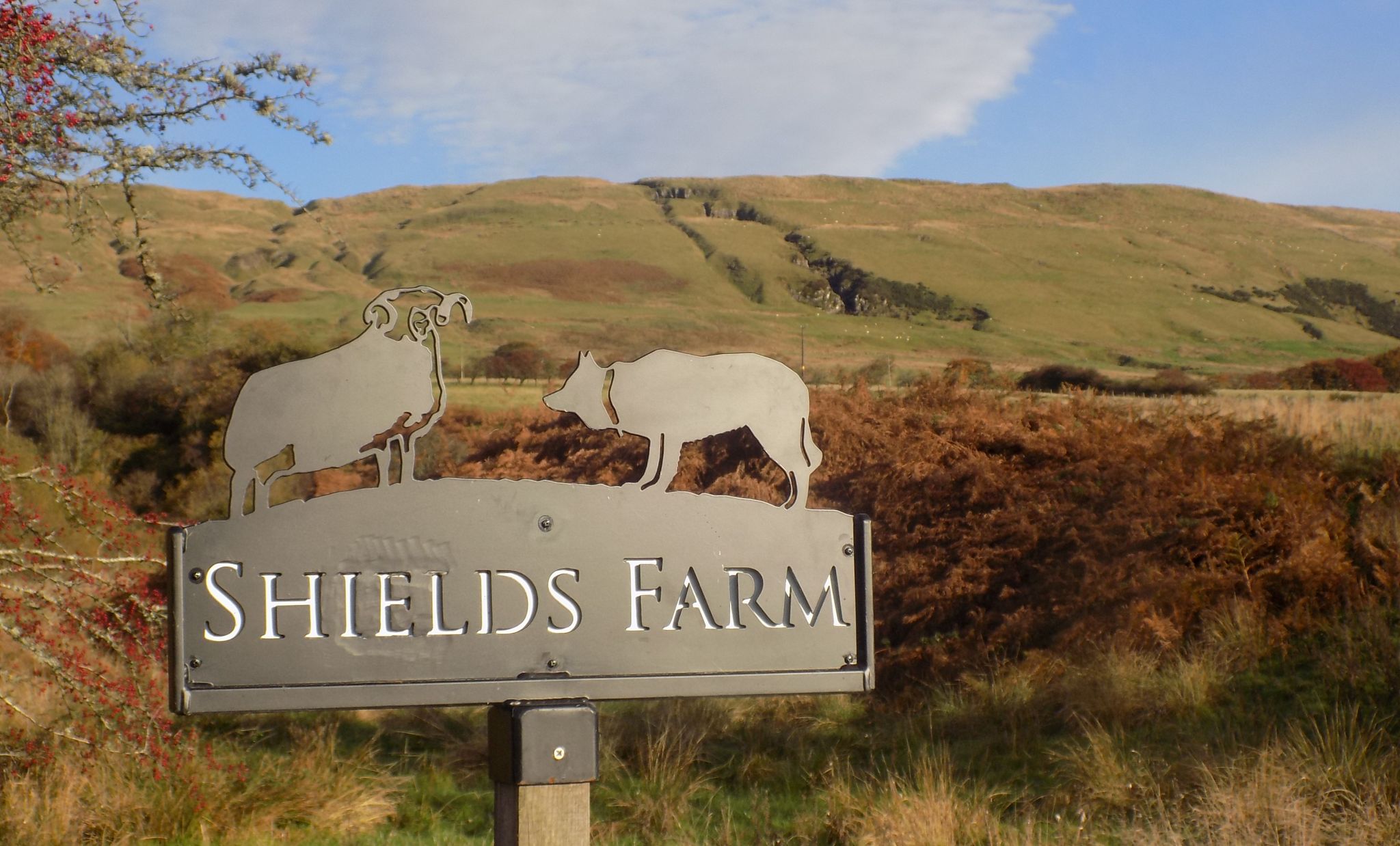 Signpost for Shields Farm beneath the Campsie Fells