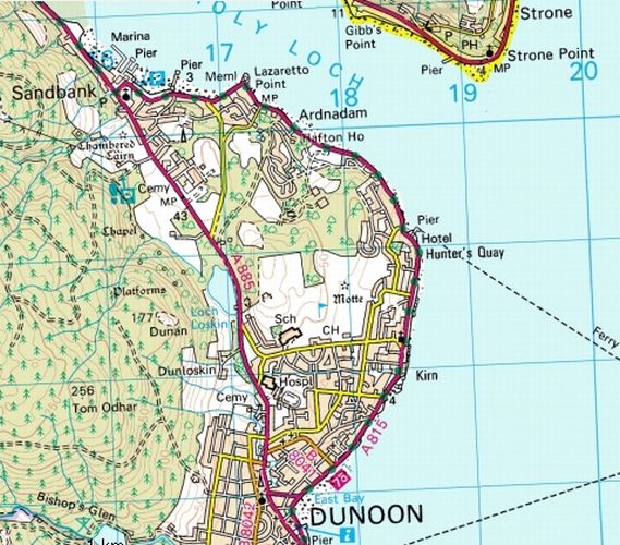 Map of Cowal coast from Dunoon to Sandbank