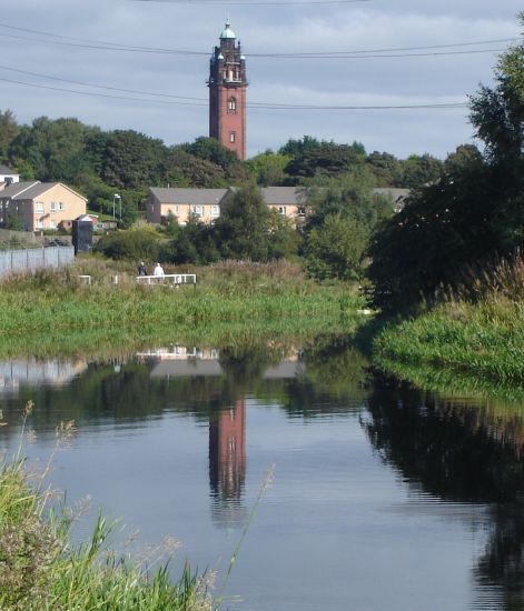 Tower of Ruchill Hospital from Forth & Clyde Canal in Glasgow