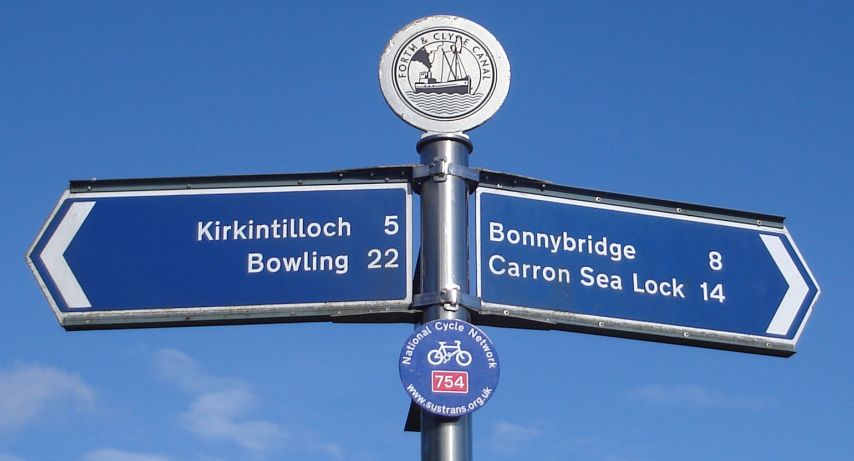 Signpost at Kilsyth on the Forth and Clyde Canal in central Scotland
