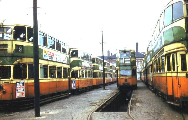 Glasgow Corporation tramcars in depot