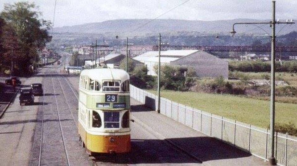 Tram on Milngavie Road - Bennie Rail Plane trackway in background
