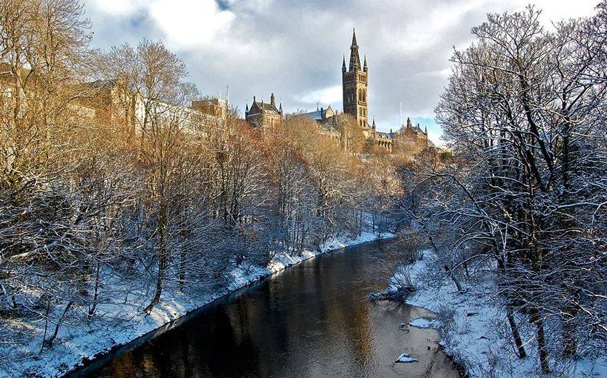 Glasgow University from Kelvin River in winter
