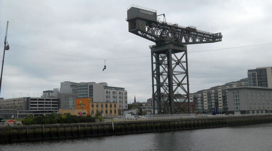 The Finnieston Titan shipyard crane across the River Clyde from the Glasgow Science Centre