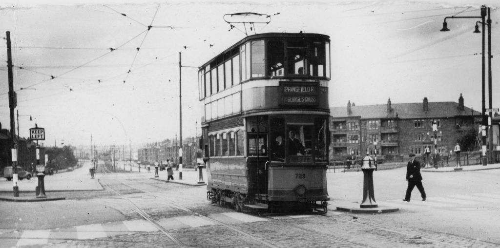 Old photo of tram at Anniesland Cross on Great Western Road