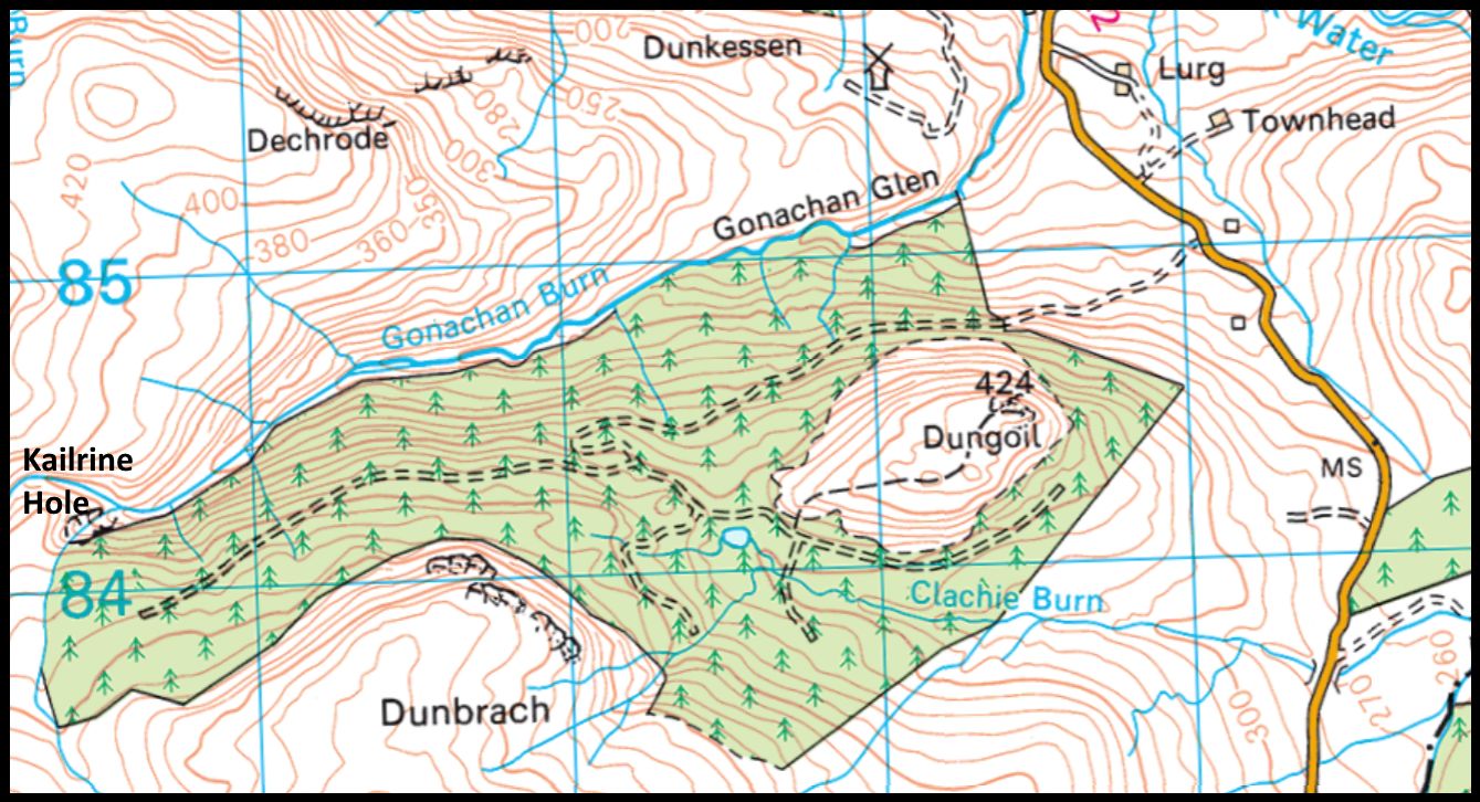 Route Map of Dungoil and Hole of Kailrine in the Campsie Fells in Central Scotland