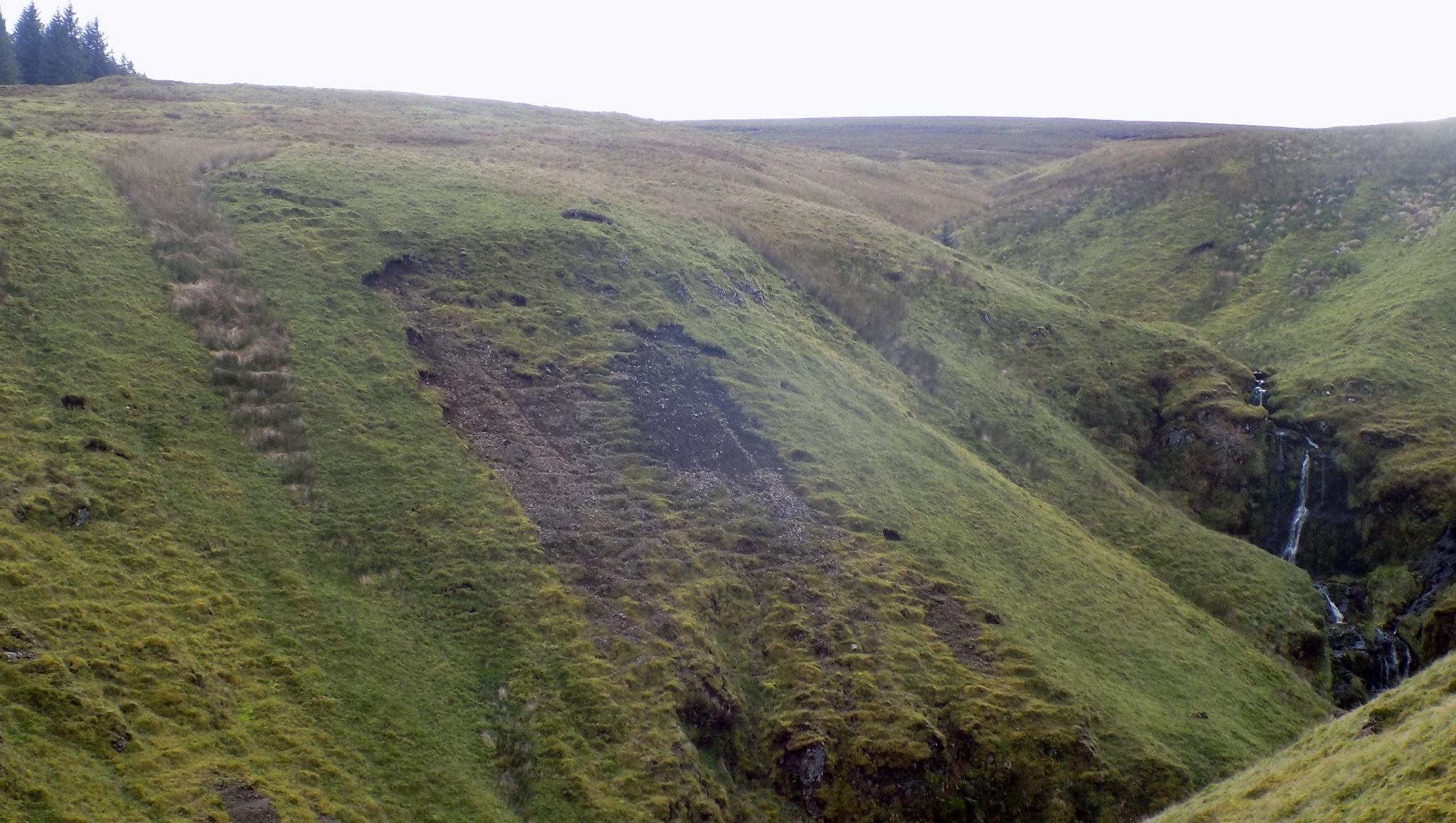 Steep slopes above the waterfalls in the Hole of Kailrine in the Campsie Fells