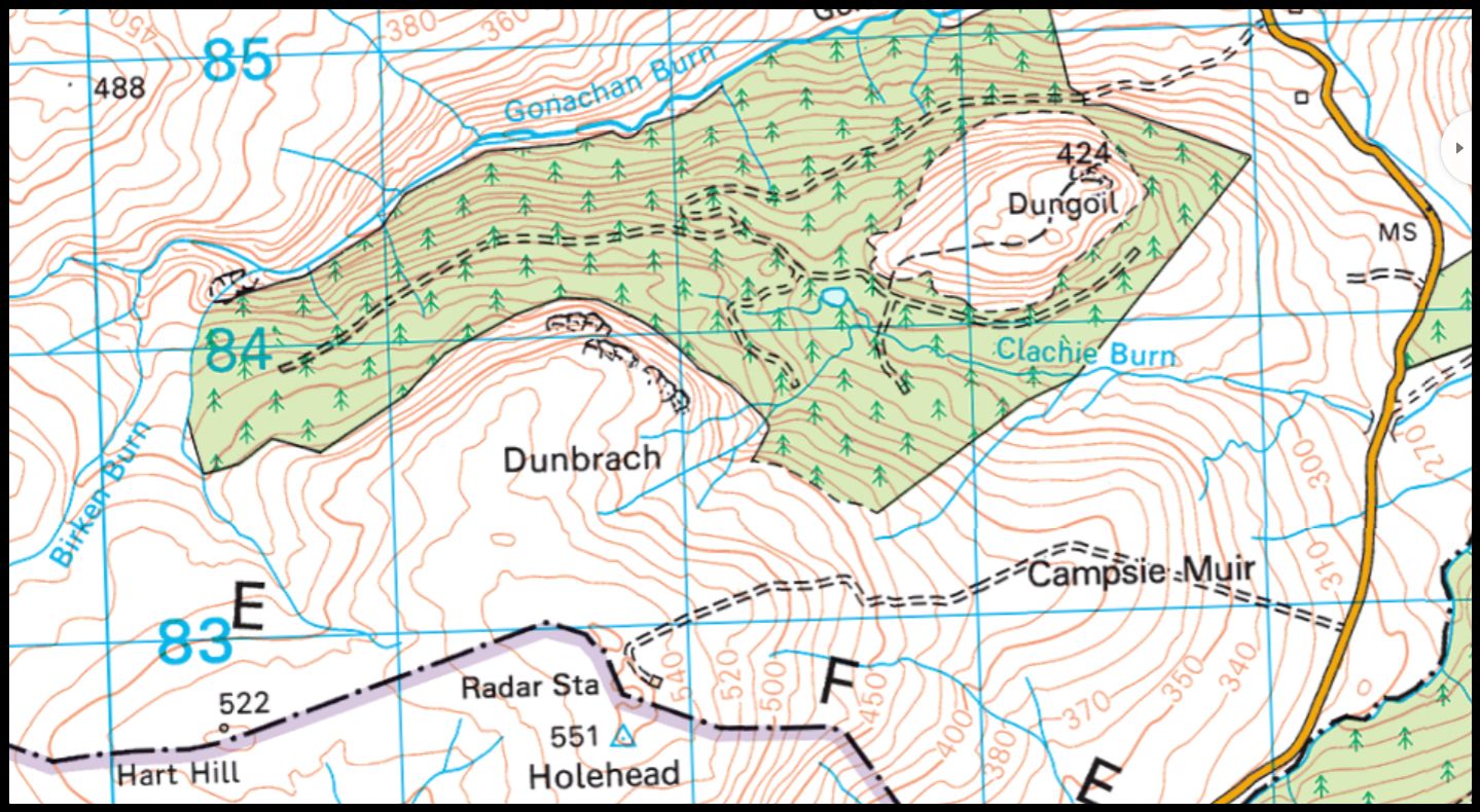 Route Map for Hole of Kailrine in the Campsie Fells in Central Scotland