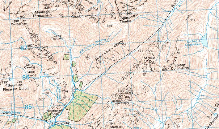 Map for Sgurr Thuilm and Sgurr nan Coireachan to the north of Glenfinnan in Lochaber in Western Highlands of Scotland