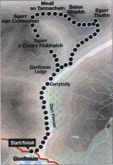 Route Map for Sgurr Thuilm and Sgurr nan Coireachan to the north of Glenfinnan in Lochaber in Western Highlands of Scotland