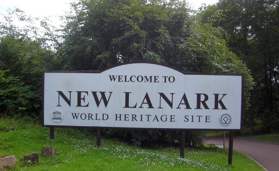 Entrance Sign to New Lanark on River Clyde in Scotland