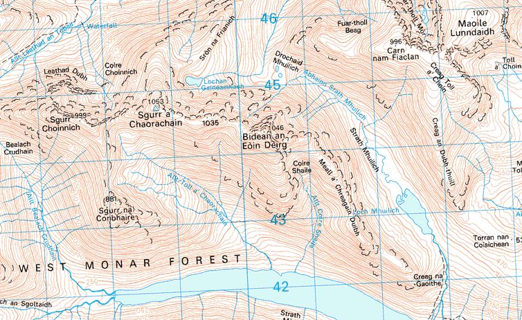 Map for Sgurr Choinnich, Sgurr A'Chaorachain and Maoile Lunndaidh
