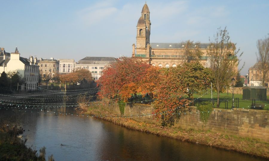 The Town Hall in Paisley above the banks of the White Cart Water