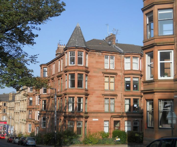 Red sandstone tenement building off Byres Road in west of Glasgow