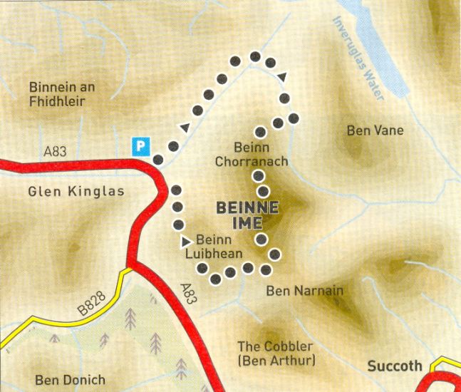 Route Map for Beinn Charronach, Beinn Ime and Beinn Luibhean