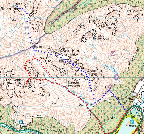 Map and Access Route for Ben Arthur - the Cobbler - in the Southern Highlands of Scotland