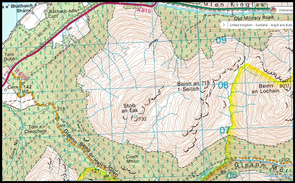 Map of Stob an Eas and Beinn an t-Seilich