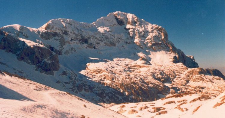 Snowbound summit cliffs of Mt. Triglav in the Julian Alps of Slovenia