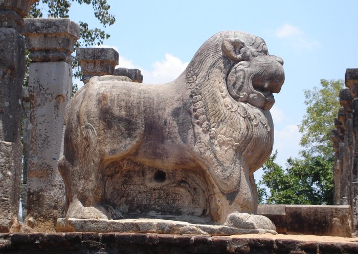 Stone Lion Statue at Royal Palace of Nissanka Malla in ancient city of Polonnaruwa