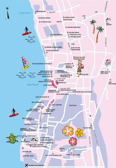 Tourism Map of Kuta on the Indonesian Island of Bali