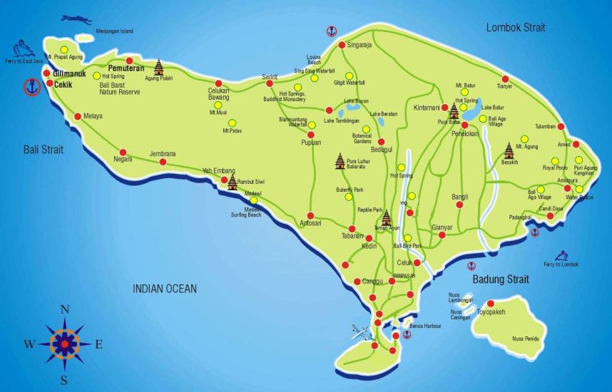 Tourism Map of the Indonesian Island of Bali