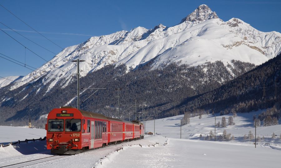 Train at Zuoz in the Engadin Region of Switzerland